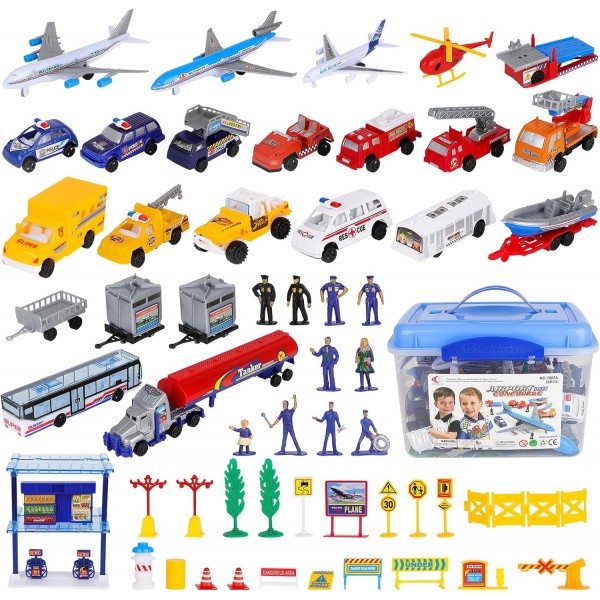 55-Piece Kids Commercial Airport Set with Toy Airplanes,Play Vehicles