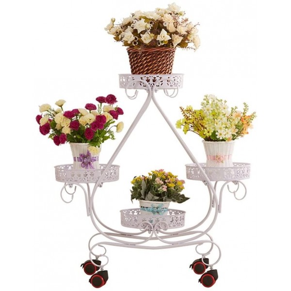 ZHEN GUO Heart-shaped Decorative 3 Tiered Plant Stand Ladder Metal Flowers Stand Standing W/4 Pots Holder Round Shelves Display Indoor/Outdoor - with Wheel for Garden Patio Balcony (Color : White)