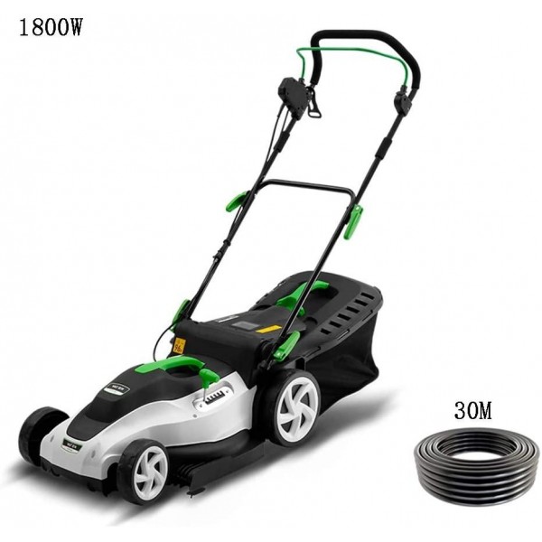 Wzz Walk-Behind Electric Lawn Mower, High-Power Foldable Low-Noise Corded Mower with 6-Stage Adjustable Mowing Height and Large Capacity Grass Collection Box (Color : 1800W+30m Power Cord)