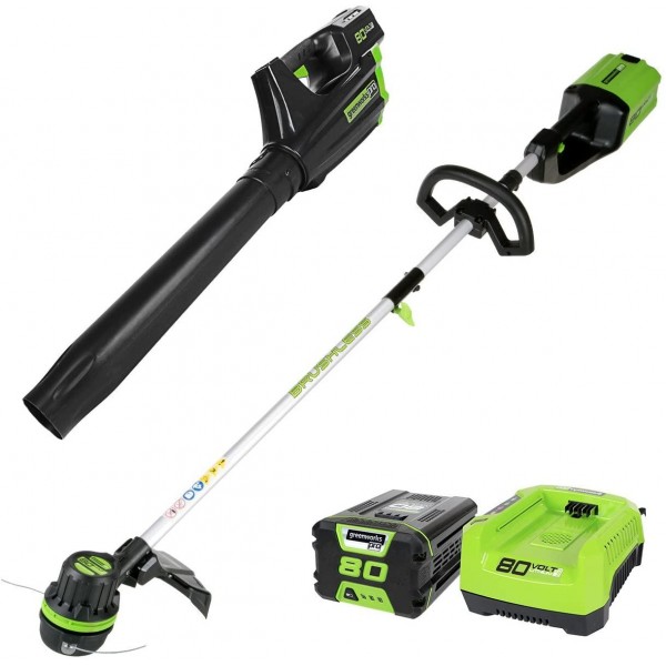 Greenworks PRO 80V Cordless Brushless String Trimmer + Leaf Blower Combo, 2Ah Battery and Charger Included STBA80L210