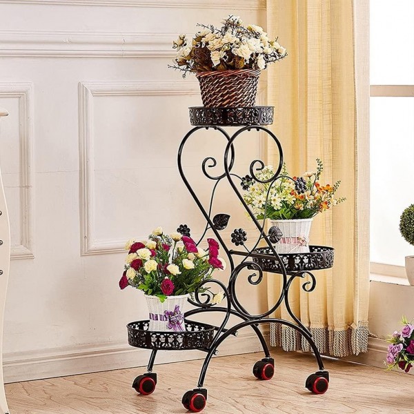 ZHEN GUO Decorative 3 Tiered Plant Stand Ladder Metal Flowers Stand Standing W/3 Pots Holder Round Shelves Display Indoor/Outdoor - with Wheel for Garden Patio Balcony (Color : Black)