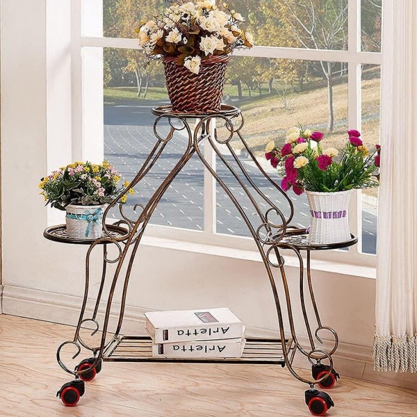 ZHEN GUO Retro Decorative 3 Tiered Plant Stand Ladder Metal Flowers Stand Standing W/4 Pots Holder Round Shelves Display Indoor/Outdoor - with Wheel for Garden Patio Balcony (Color : Brass)