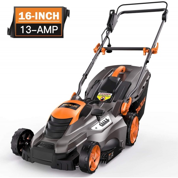 TACKLIFE Electric Lawn Mower, 16-Inch 13-Amp Lawn Mower, 5 Adjustable Mower Heights, Adjustable and Foldable Handlebars, Low Noise, Tool-Free Assembly, 13.2Gal Grass Box - KALM1540A