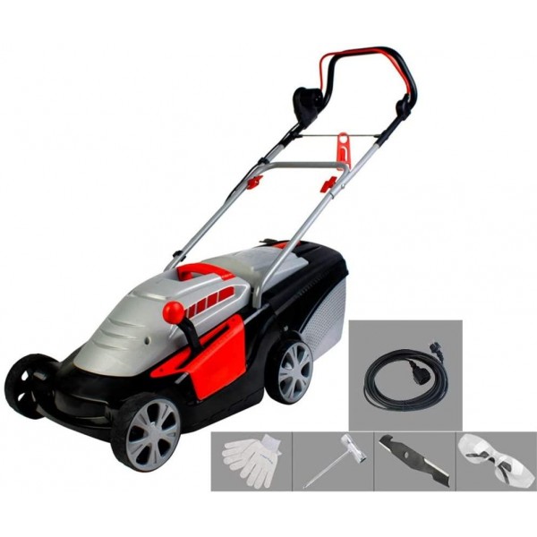 Wzz 1200W Corded Electric Lawn Mower, 6 Speed Adjustment / 37L Grass Box/Induction Motor/Strengthened Chassis, Mowing Width is 3m，Gray and Red (Color : Garay+40m Power Cord)
