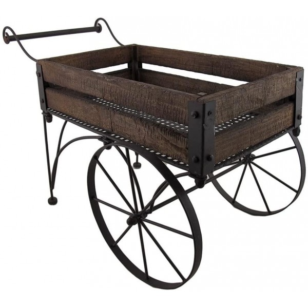 Rustic Wood and Metal 2 Wheeled Wagon Cart Style Plant Stand