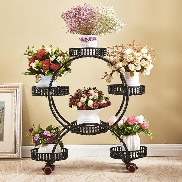 ZHEN GUO Decorative 4 Tiered Plant Stand Ladder Metal Flowers Stand Standing W/6 Pots Holder Round Shelves Display Indoor/Outdoor - with Wheel for Garden Patio Balcony (Color : Black)