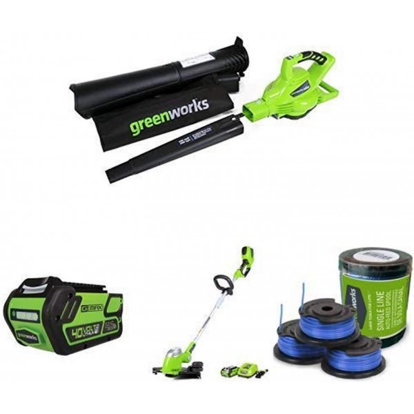 Greenworks 40V Variable Speed Cordless Blower Vacuum, Battery Not Included with Lithium Ion Battery, Cordless String Trimmer, Battery Included and  Line String Trimmer Replacement Spool 3-Pack