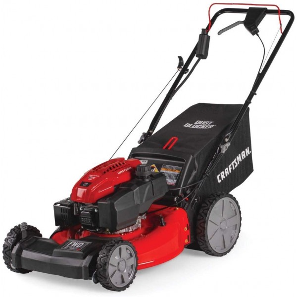Craftsman M275 159cc 21-Inch 3-in-1 High-Wheeled Self-Propelled FWD  Powered Lawn Mower, with Bagger, Red