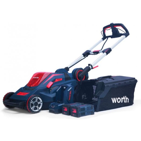 Worth Garden 19 in. 84-Volt Lithium-ion Battery Brush-Less Motor Walk-Behind Self-Propelled Lawn Mower Set Includes Two 2.5 Ah Batteries and a Charger