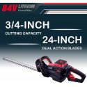 Worth Powerful 84-Volt Cordless Hedge Trimmer 2.0AH Lithium Battery 24-in Dual Action Blade 3/4-IN Cutting Capacity – L705A00