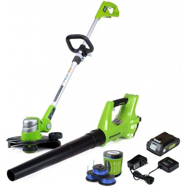 Greenworks 24V Cordless String Trimmer and Leaf Blower Combo with 3-Pack Spool STBA24B210