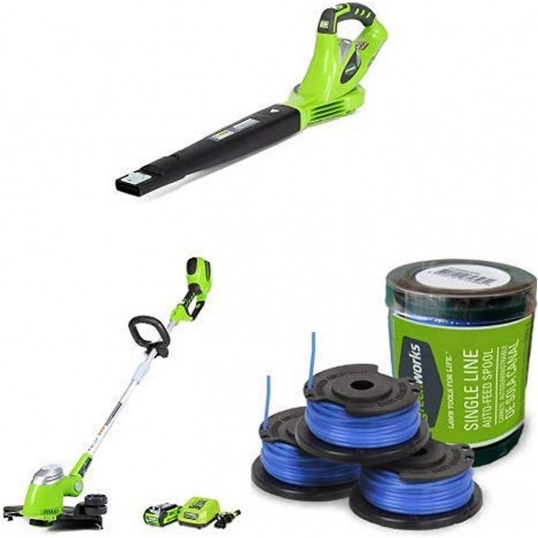 Greenworks 150 MPH Variable Speed Cordless Blower, Battery Not Included with 40V Cordless String Trimmer, 2.0 AH Battery Included and .065-Inch  Line String Trimmer Replacement Spool 3-Pack