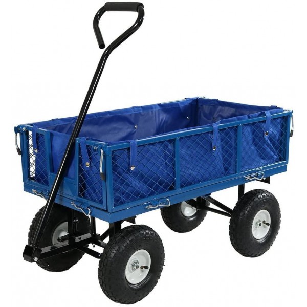 Sunnydaze Utility Steel Garden Cart with Liner, Outdoor Lawn Wagon with Removable Sides, Heavy-Duty 400 Pound Capacity, Blue